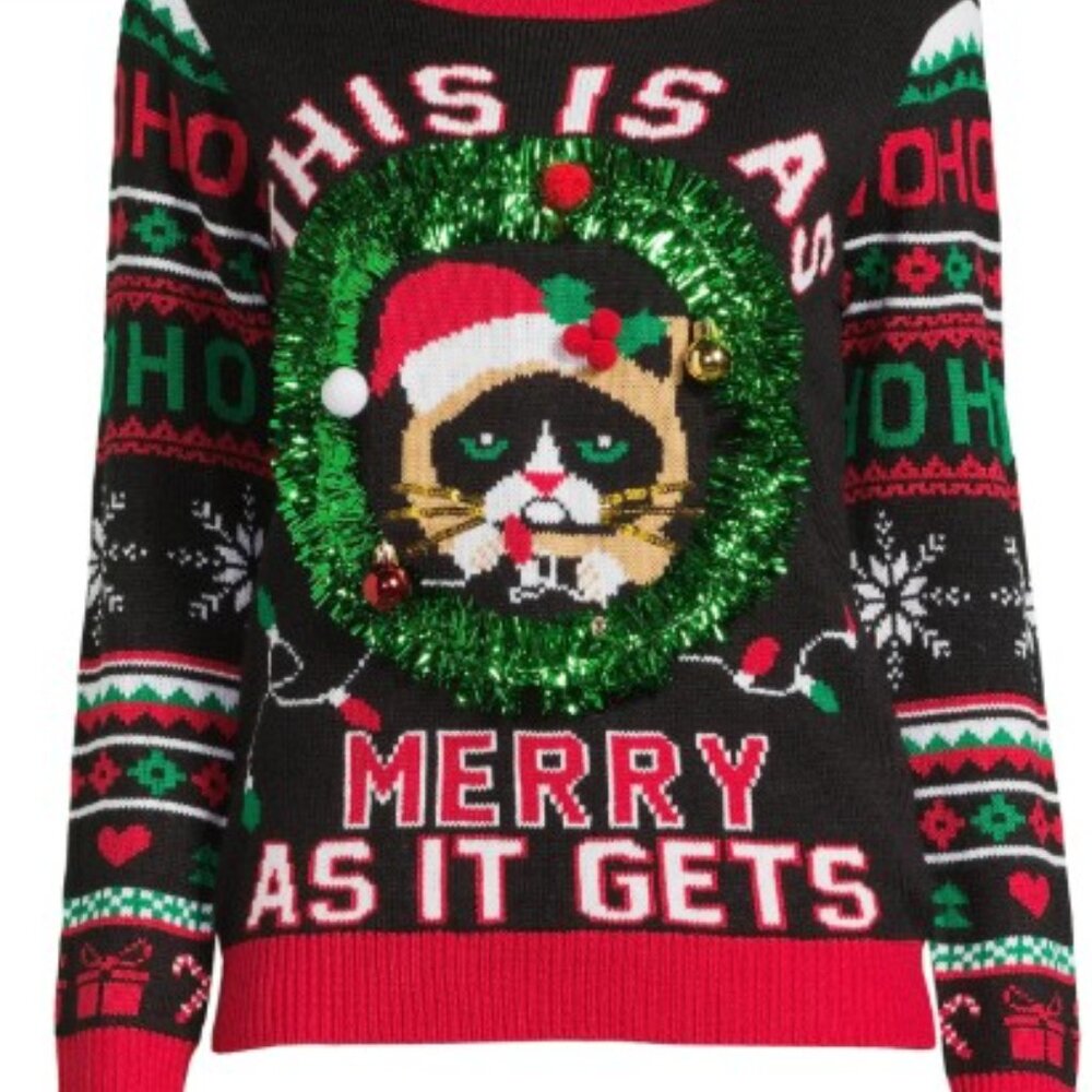 NEW No Boundaries Juniors Grumpy Cat‎ Ugly Christmas Sweater size Large